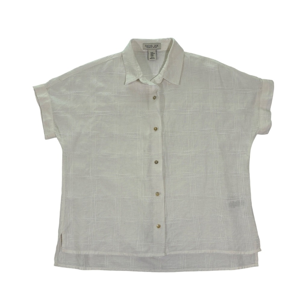 Rachel Zoe White Linen Blend Windowpane Plaid Short Sleeve Button Down Shirt XS